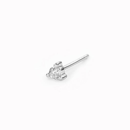 Close-up of a 14k White Gold Diamond Stud Earring 2mm - Aria (Single) with lab grown diamond on white background
