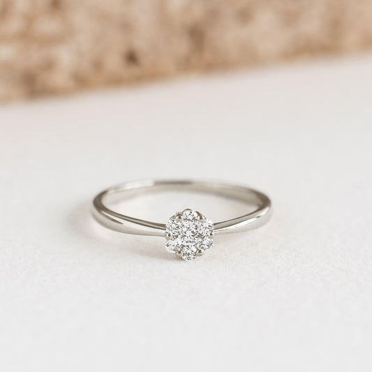 Round Cluster Diamond Ring White Gold - Talia with seven lab grown diamonds on a sleek tapered white gold band