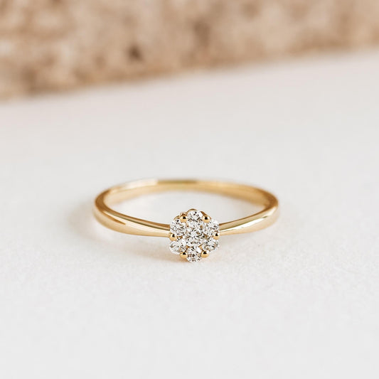 Round Cluster Diamond Ring 14k Gold - Talia with seven lab-grown diamonds set on a tapered yellow gold band