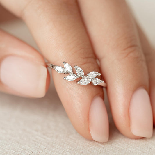 Silver leaf ring with marquise gemstones in laurel leaf design