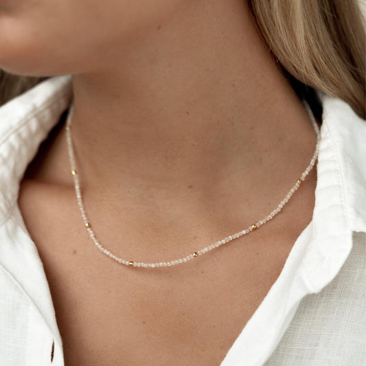 Beaded necklace with moonstone crystals in gold vermeil