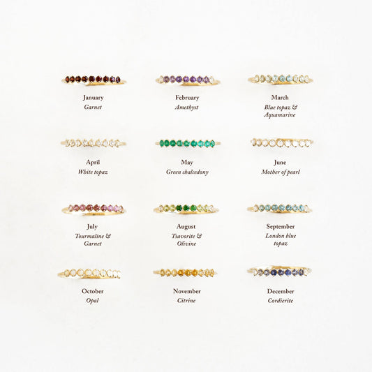 Grid of twelve birthstone rings in 14k gold featuring gemstones for each month including October Birthstone Ring 14k Gold - Opal