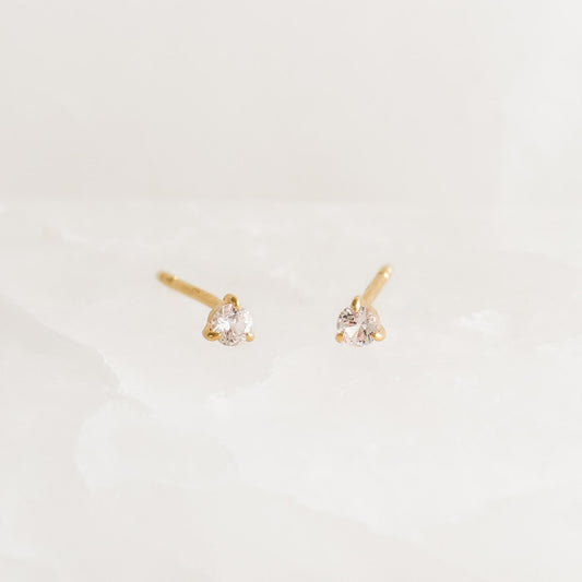April Birthstone Stud Earrings 14k Gold - White Sapphire with small white sapphire stones set in 14k yellow gold