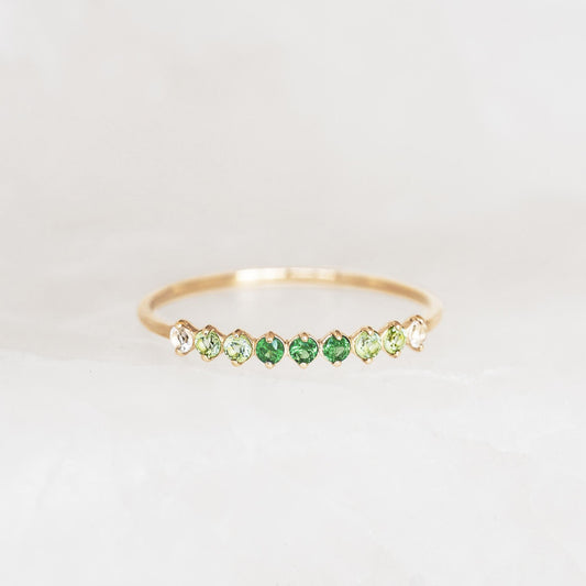 August Birthstone Ring 14k Gold - Ombre Tsavorite with graduated green and white gemstones on a delicate band