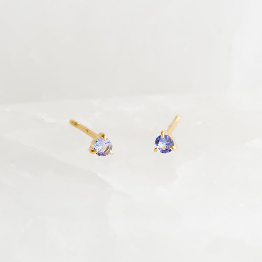 December Birthstone Stud Earrings 14k Gold - Tanzanite with small round tanzanite stones in delicate three-prong settings