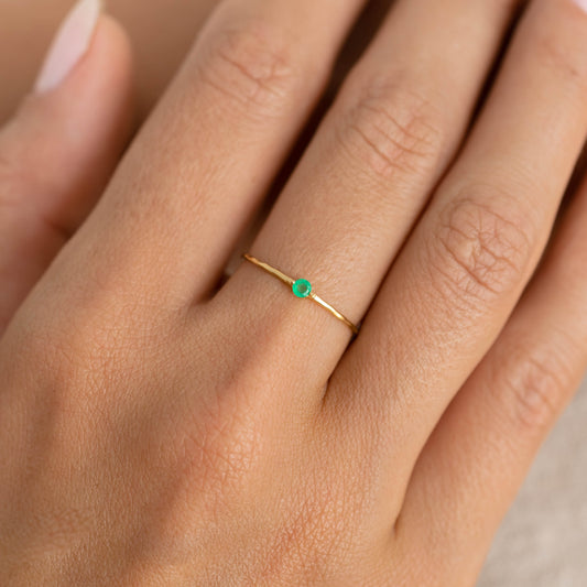 Emerald Ring 14k Gold - Penelope with a round lab-grown emerald set on a delicate organic 14k gold band