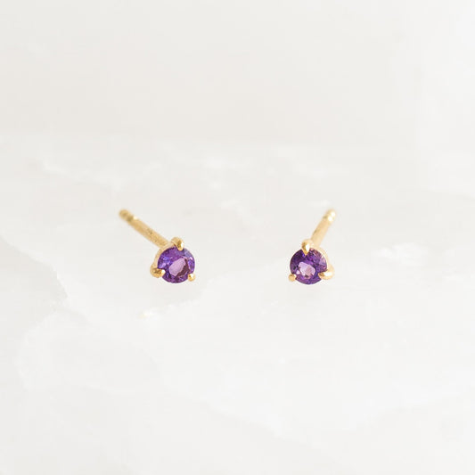 February Birthstone Stud Earrings 14k Gold - Amethyst with small round purple gemstones set in yellow gold prong settings on white background