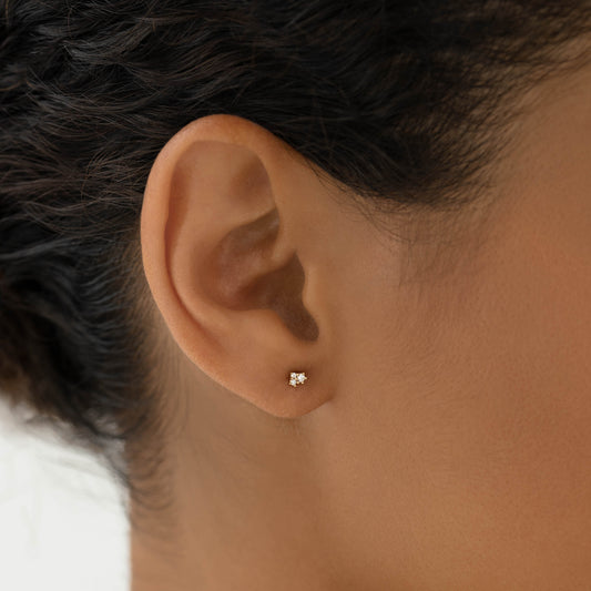 Close-up of an ear wearing Diamond Cluster Earrings 14k Gold - Catina with small lab grown diamonds in 14k yellow gold