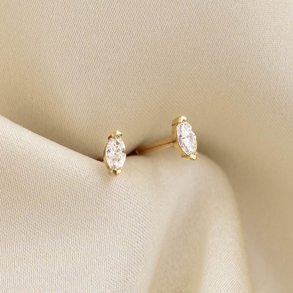 14 Karat Gold Plated Marquise Blue Glass Stud Earrings
