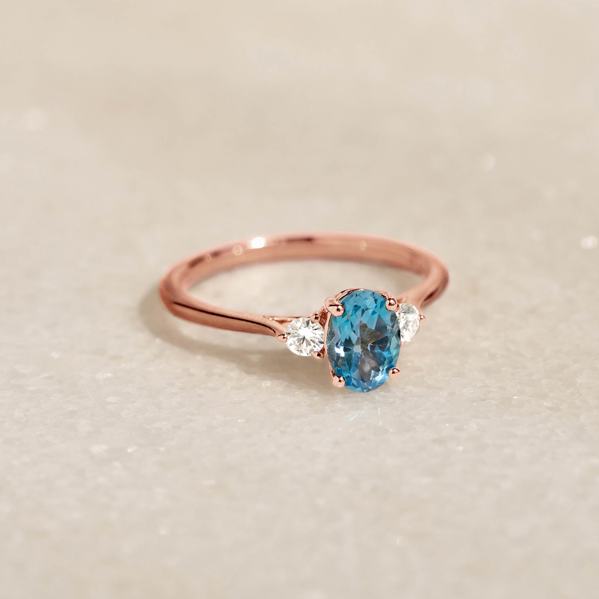 Swiss Blue Topaz and Diamond Ring Rose Gold Kindra Linjer Jewelry