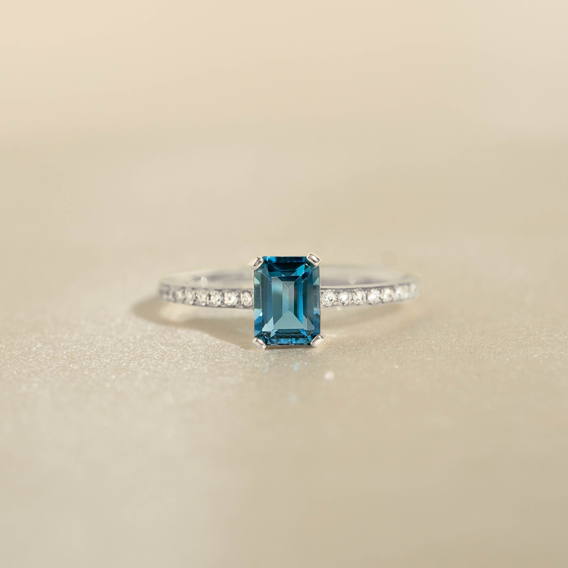 Baguette London Blue Topaz and Diamond Ring White Gold Safiya