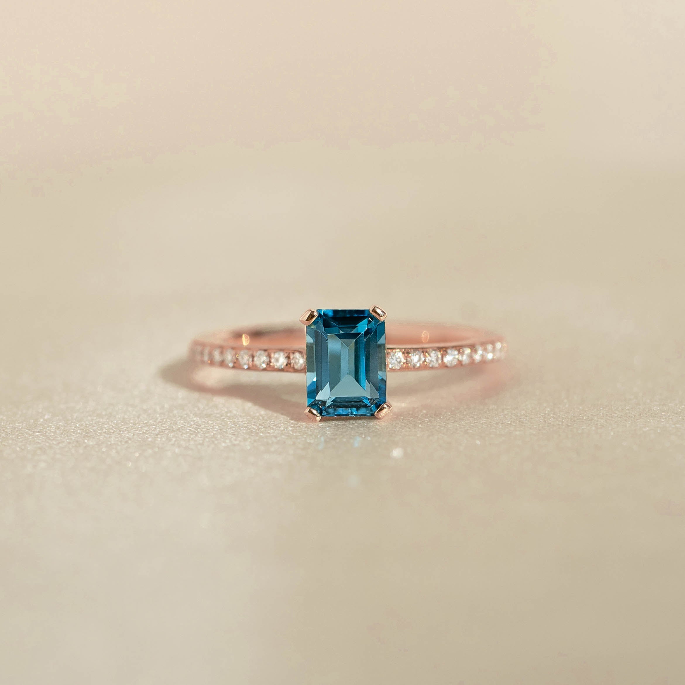 Baguette London Blue Topaz and Diamond Ring Rose Gold Safiya