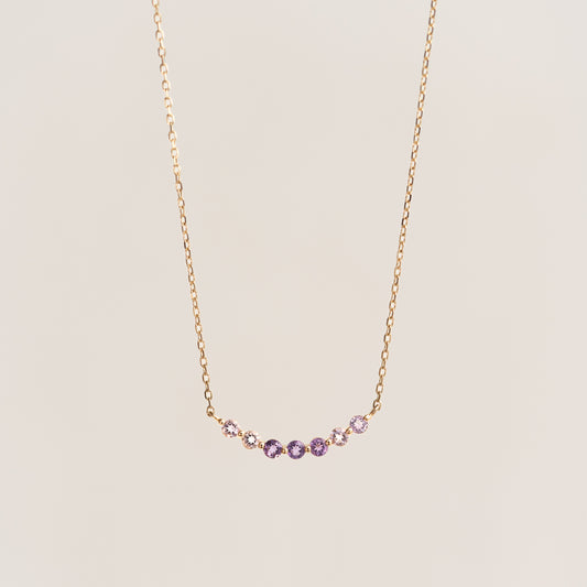 February Birthstone Necklace 14k Gold - Ombre Amethyst with curved bar of graduated amethyst stones on gold chain