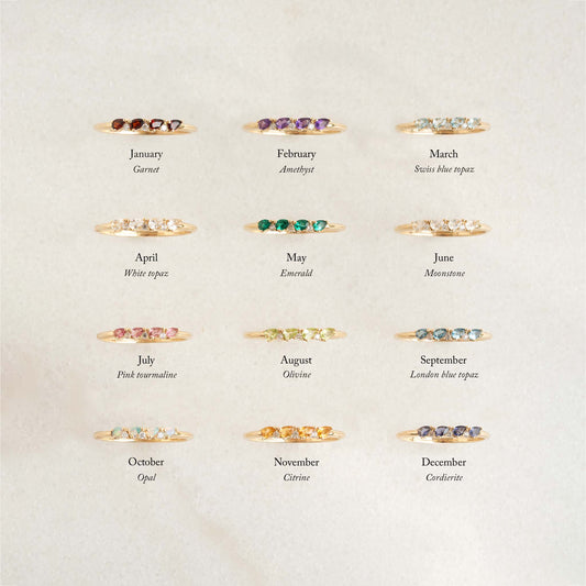 Collection of twelve 14k gold birthstone rings with various gemstones including October Birthstone Pear Ring 14k Gold - Opal and Diamond