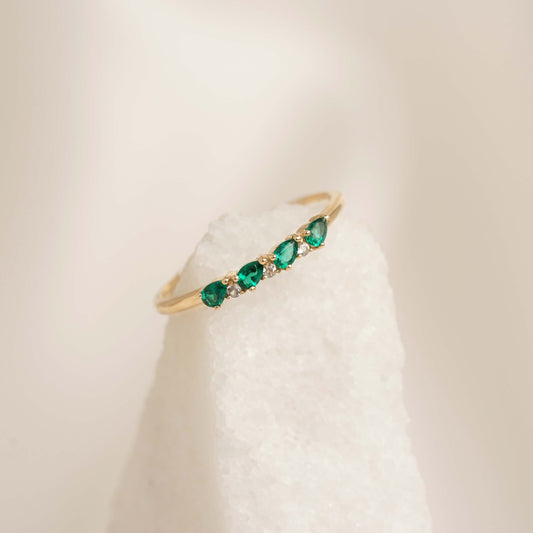 May Birthstone Pear Ring 14k Gold - Emerald and Diamond with alternating pear emeralds and round diamonds on gold band