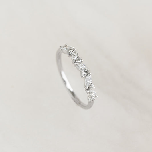 Close-up of Marquise and Round Diamond Ring White Gold - Celia featuring a delicate floral diamond design on a white gold band