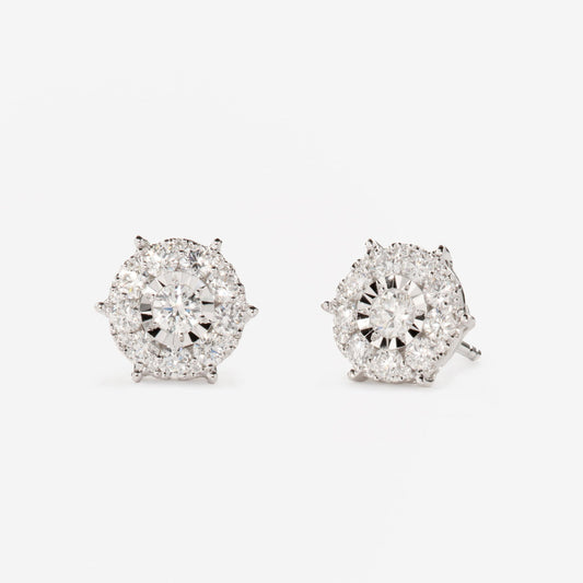 Diamond Earrings - 3 Carat Miracle Plate featuring 38 round diamonds set in 14k white gold on white background