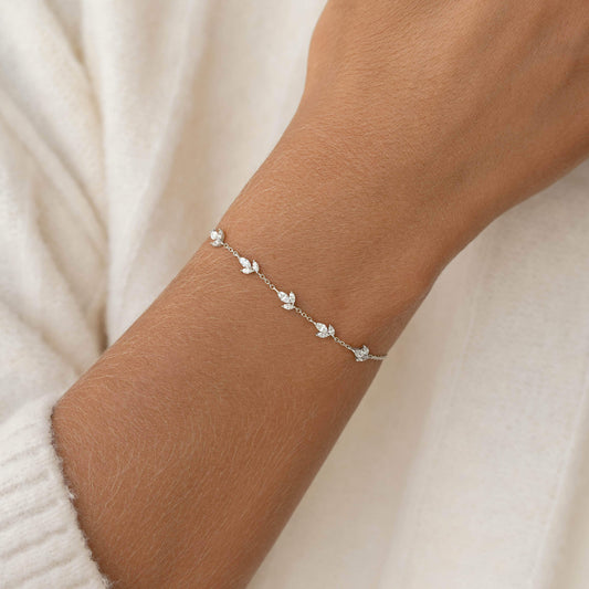 Close-up of a wrist wearing a delicate bracelet with sparkling stones set along a fine chain.