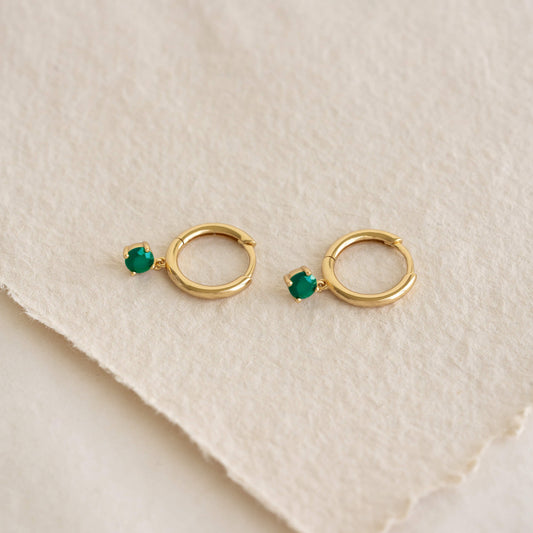 May Birthstone Drop Huggie Earrings - Green Chalcedony with gold vermeil setting on textured beige background