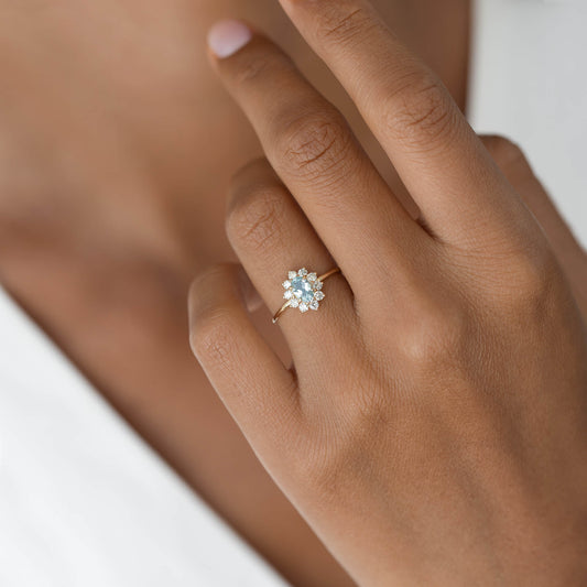 A close-up of a hand with a gold ring featuring a cluster of small diamonds and a light blue central stone, on a smooth, neutral background.