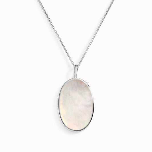 Statement necklace with mother of pearl pendant on silver chain