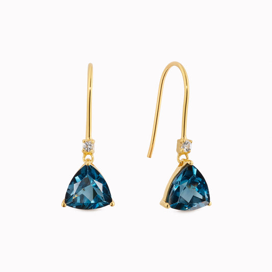 Gold drop earrings with white topaz and trillion cut London blue topaz