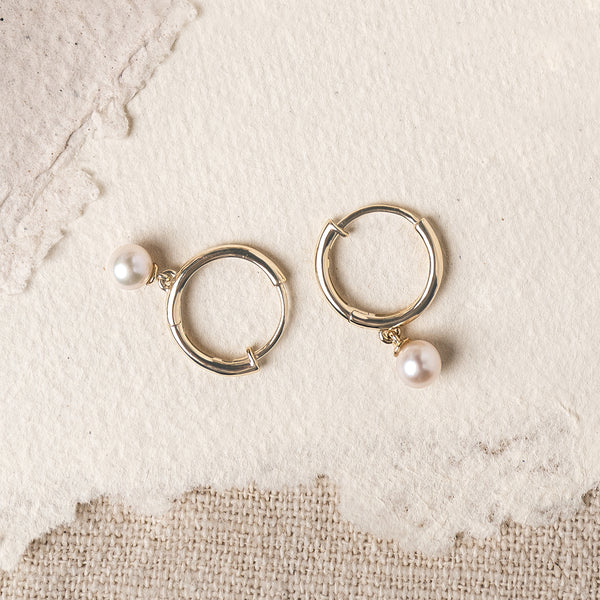 14k Gold Huggie Earrings with Pearl - Alicia | Linjer Jewelry