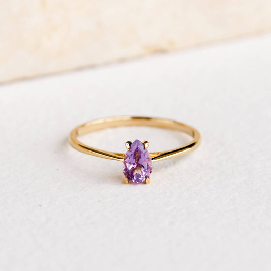 Pear shaped amethyst solitaire ring in gold vermeil