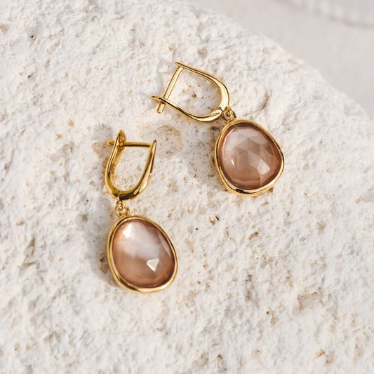 Drop earrings with dusty coral gemstone pendant in gold vermeil