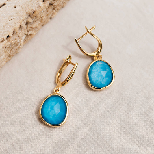 Amalfi blue gemstone drop earrings with latch back closure in gold vermeil