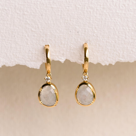 Drop earring with rainbow moonstone and white cubic zirconia accents in gold vermeil