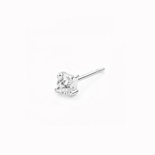 Close-up of a 14k White Gold Diamond Stud Earring 2.5mm - Aria Single with a sparkling round diamond on white background
