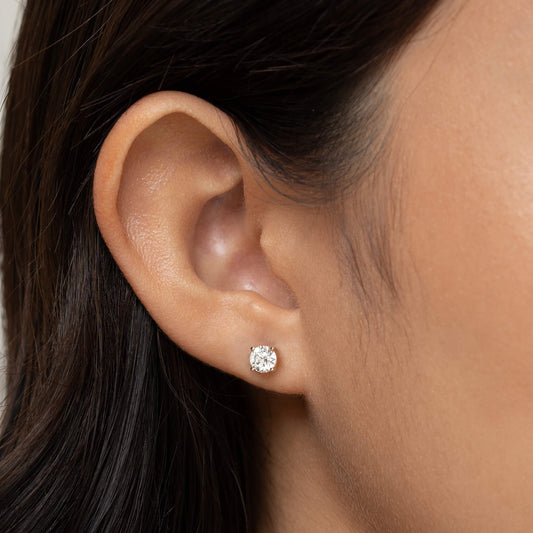 A close-up of an ear wearing a single sparkling diamond stud earring with a Gold setting. The background is smooth and neutral, emphasizing elegance.