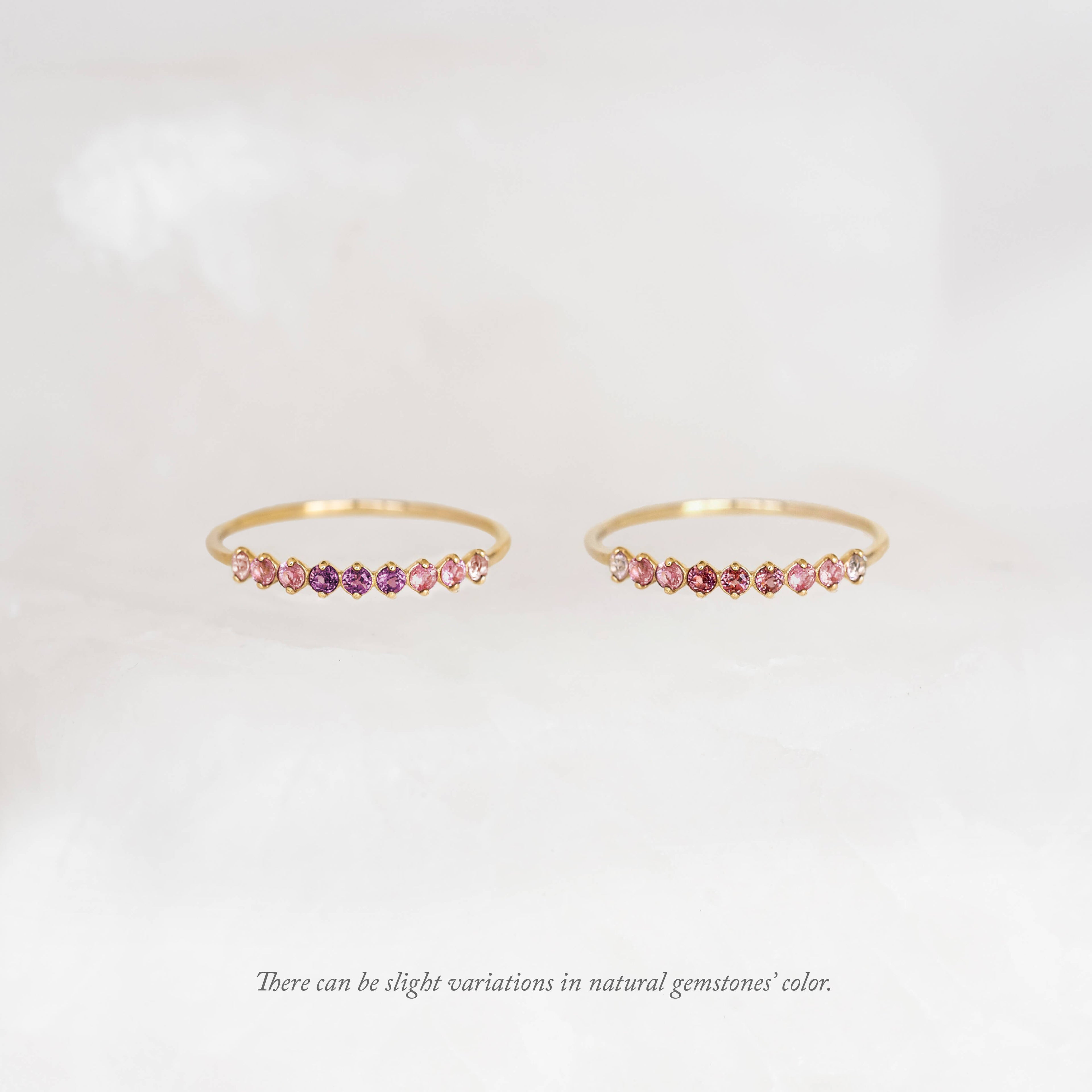 Minimalist July Birthstone Ring 14k Gold - Ombre Tourmaline with gradient pink and red gemstones on a light background