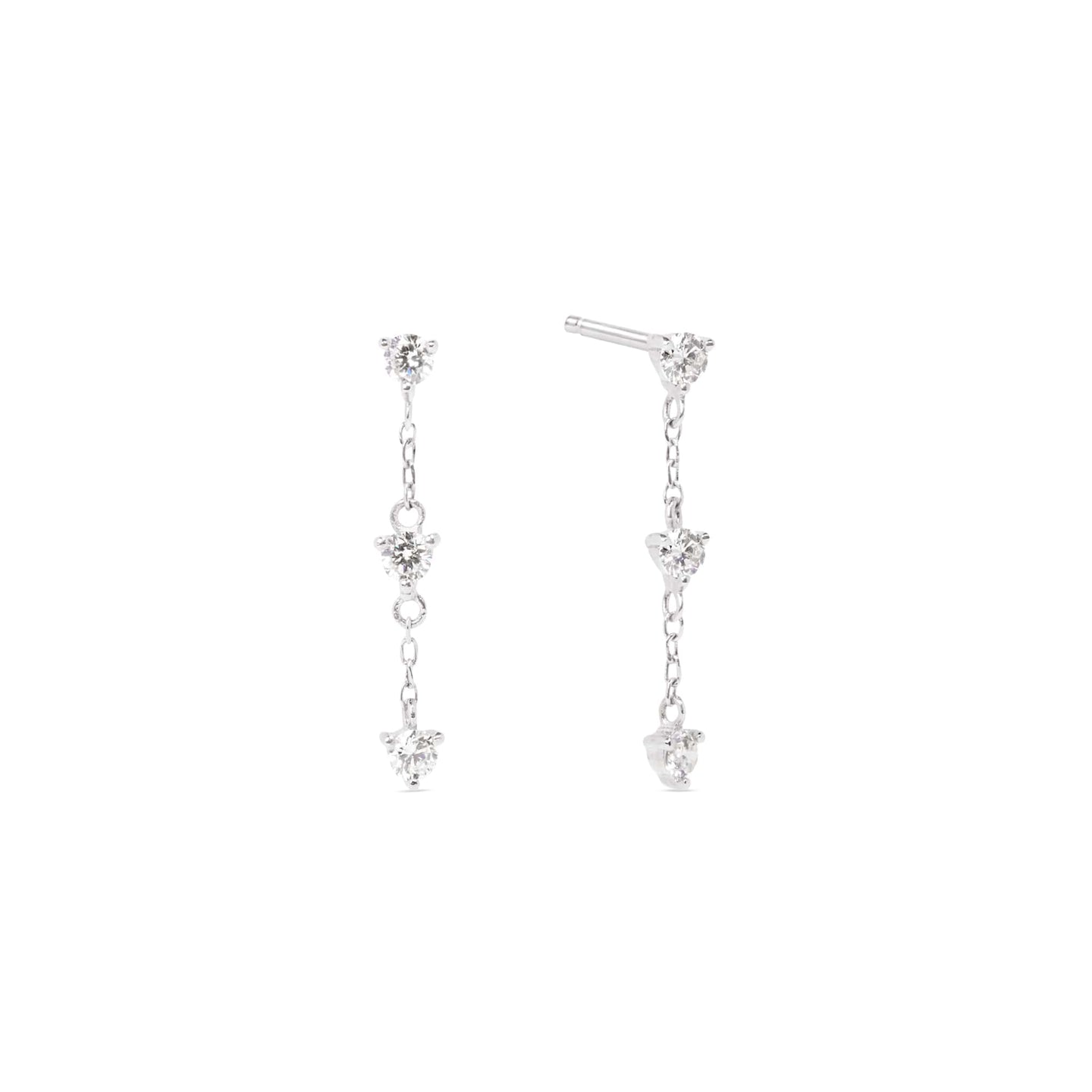 Diamond Drop Earrings White Gold - Alessia with delicate 14k white gold cable chain and sparkling diamonds on white background