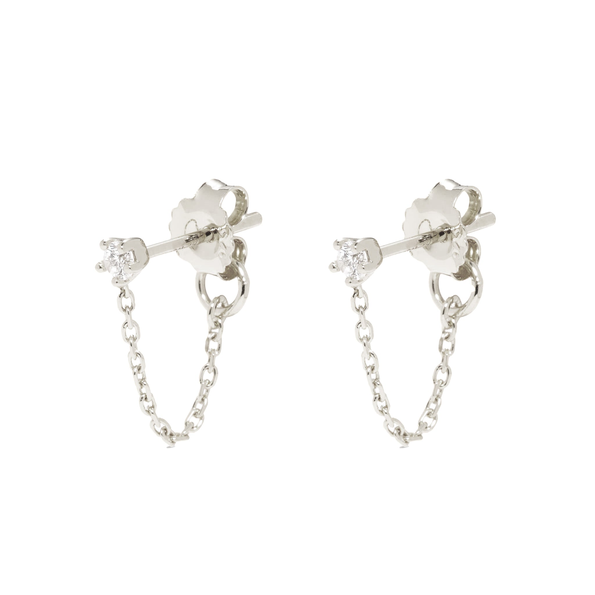 Close-up of Chain Earrings Silver - Ella featuring sterling silver chain loops with small round cubic zirconia studs on white background