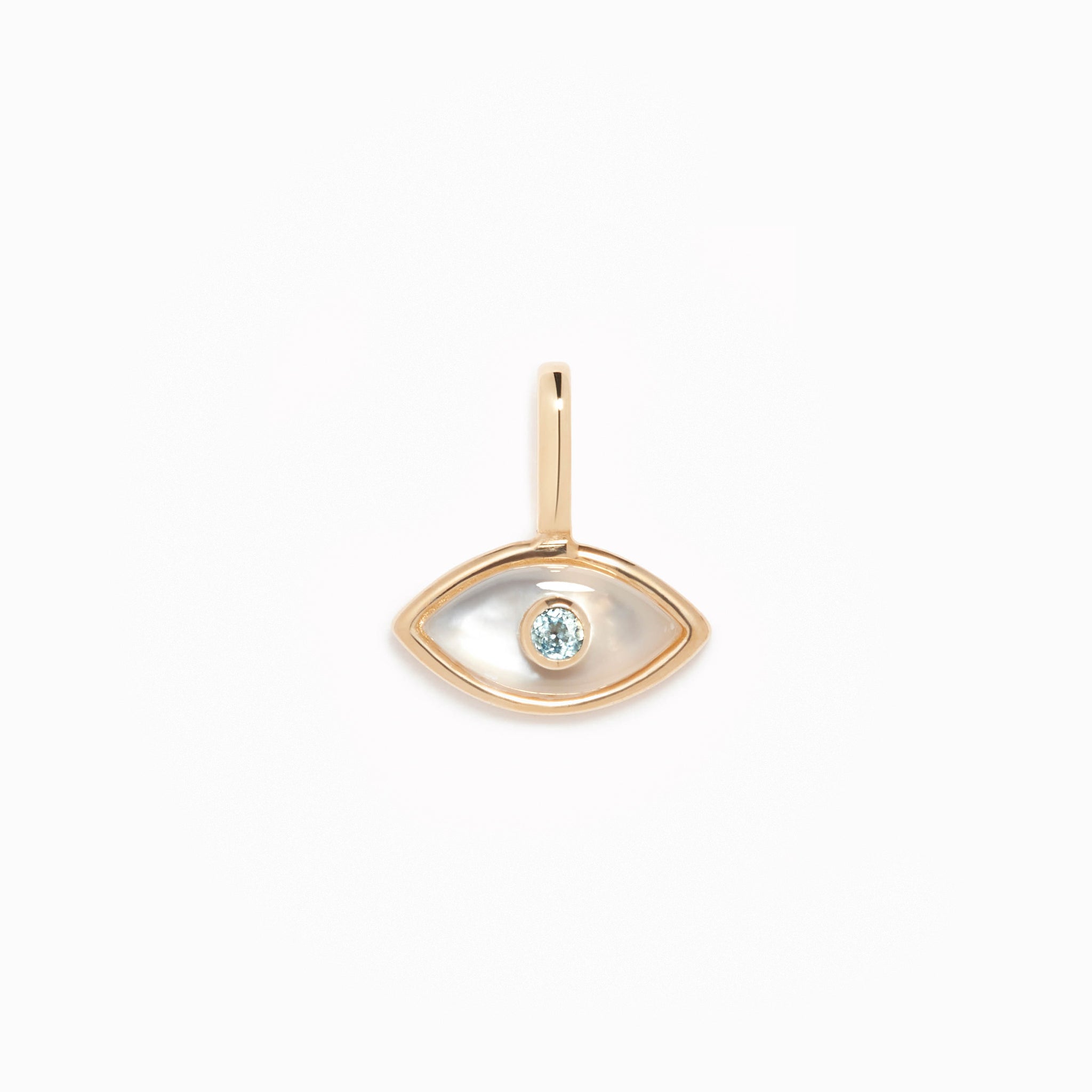 Evil Eye Charm 14k Gold with blue topaz stone set in mother of pearl and a beaded gold border on white background