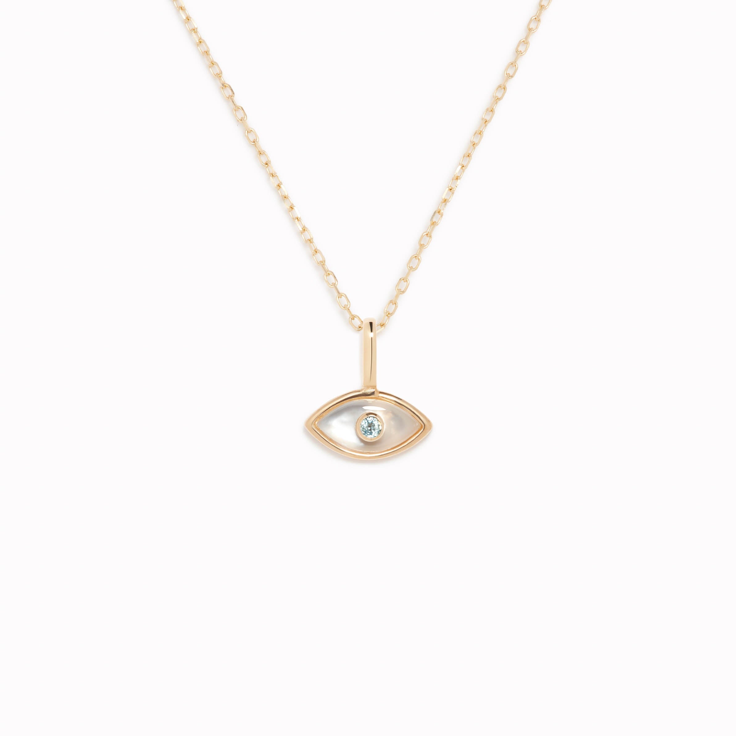 Evil Eye Charm 14k Gold necklace with blue topaz stone and mother of pearl set in a delicate beaded gold frame