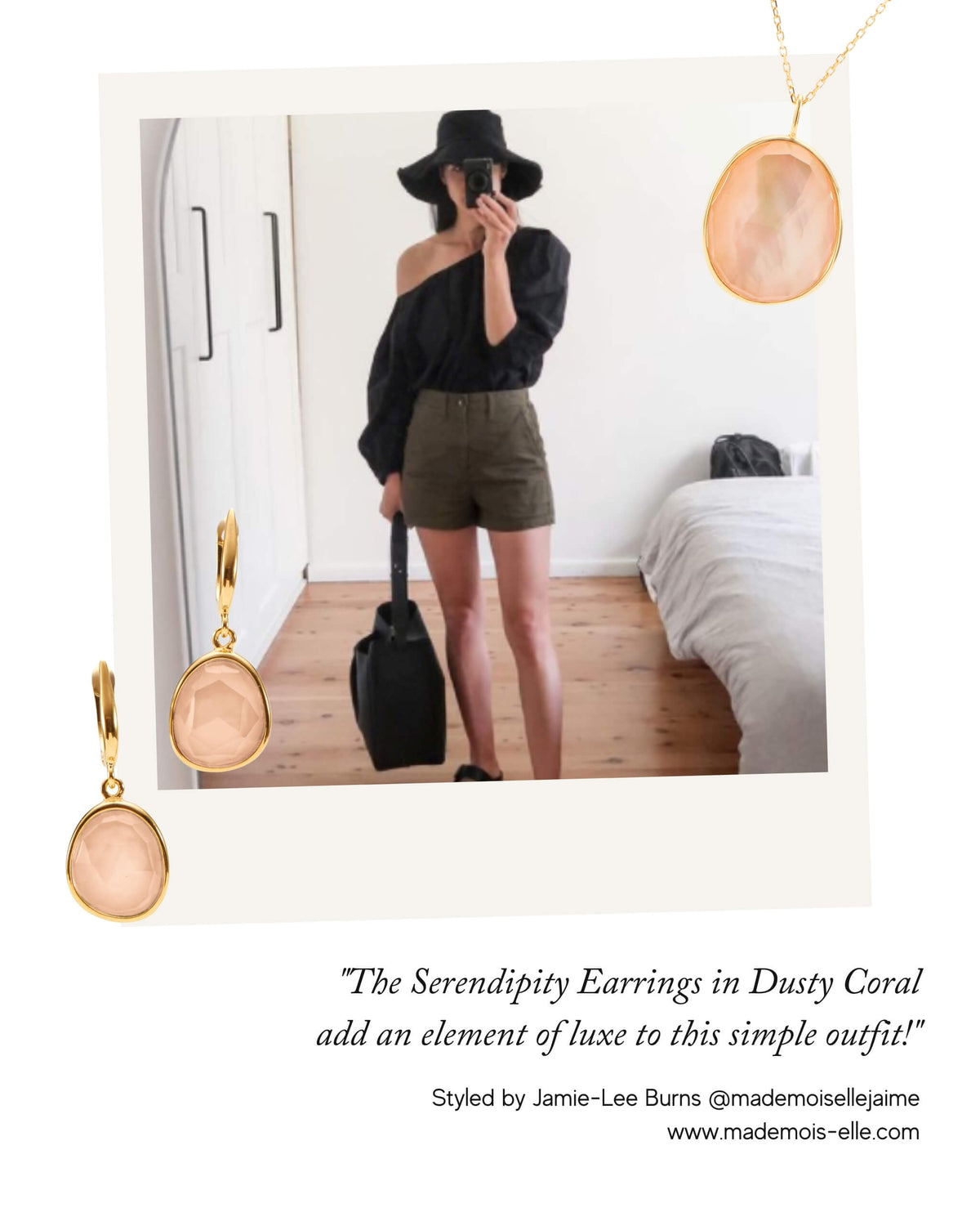 Gold statement earrings with coral gemstones styled