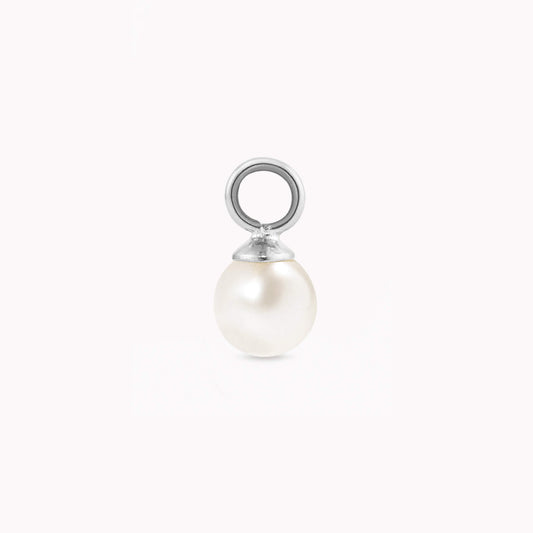 A single, luminous pearl charm with a smooth, white surface and a silver loop for attaching. The pearl exudes elegance against a plain white background.