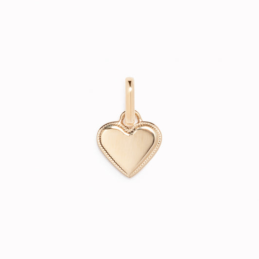 Heart Charm 14k Gold pendant with delicate beaded border displayed on a white background