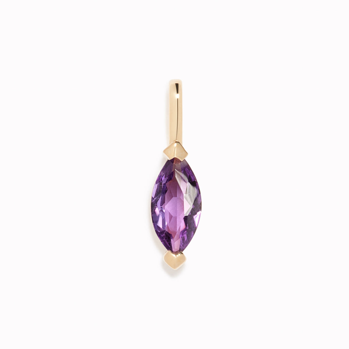 February Birthstone Pendant 14k Gold - Amethyst with marquise-cut purple gemstone on a white background