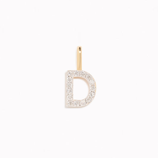 Diamond Initial Pendant 14k Gold - D with brilliant diamonds set in a polished gold charm on white background