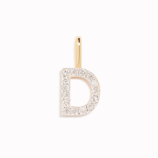 Diamond Initial Pendant 14k Gold - D with brilliant diamonds set in a polished gold charm on white background
