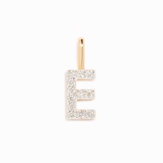 Diamond Initial Pendant 14k Gold - E with brilliant diamonds on a white background showing delicate gold bail