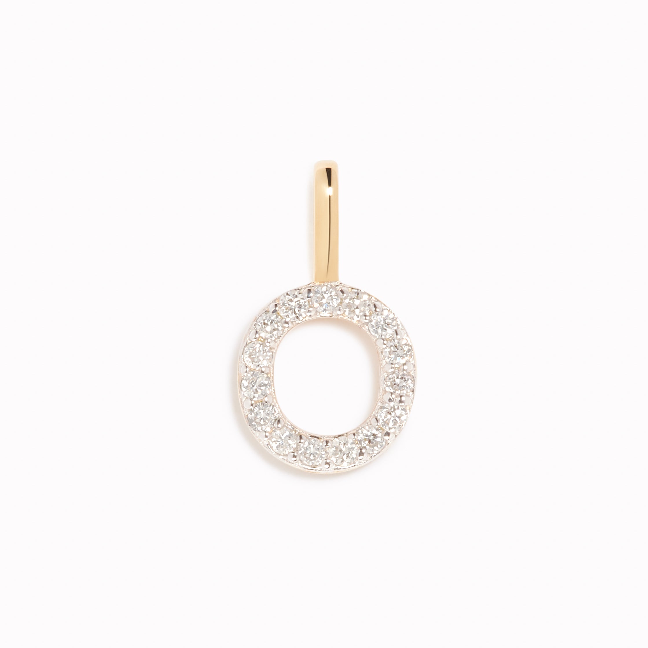 Diamond Initial Pendant 14k Gold - O with sparkling diamonds on 14k gold bail displayed on a white background