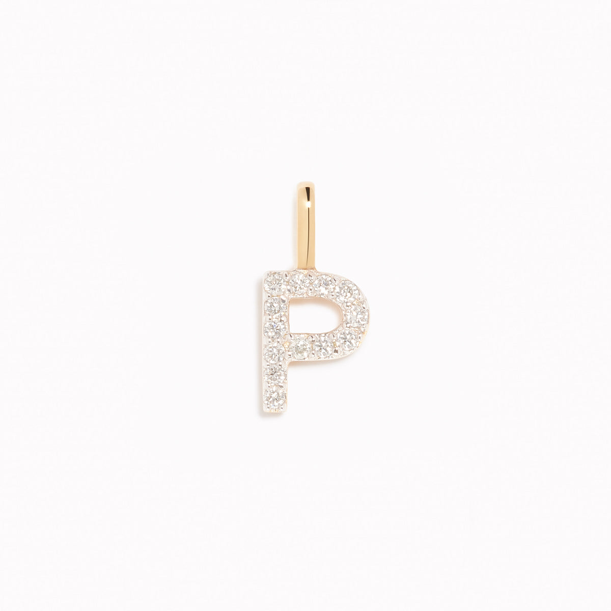 Diamond Initial Pendant 14k Gold - P with brilliant diamonds on a polished gold loop shown on white background