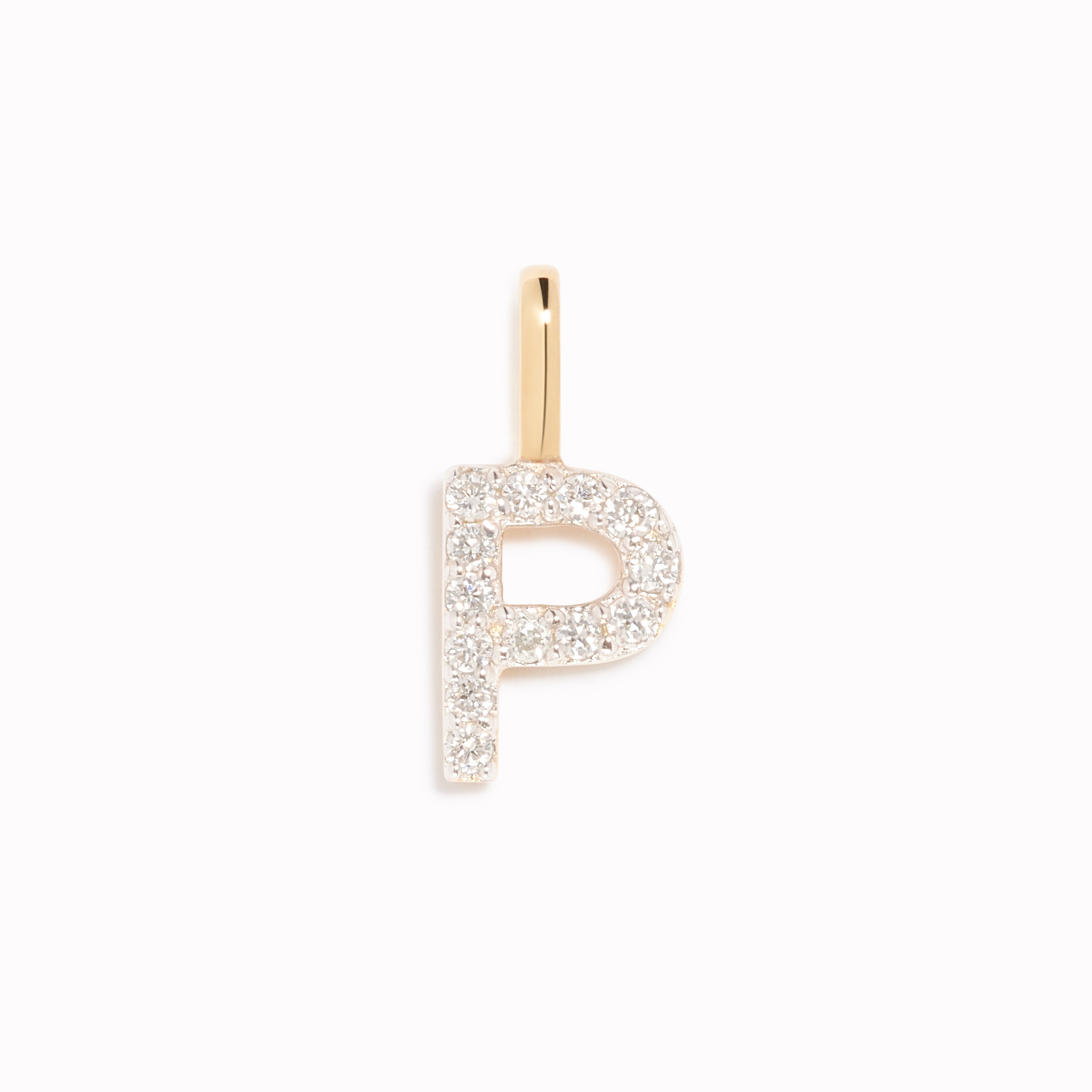 Diamond Initial Pendant 14k Gold - P with brilliant diamonds on a polished gold loop shown on white background