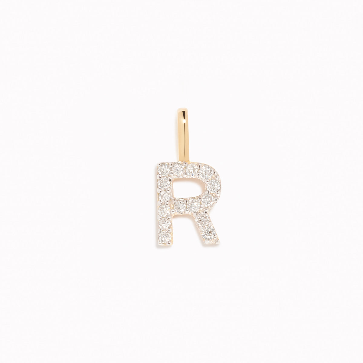 Diamond Initial Pendant 14k Gold - R with brilliant diamonds on a white background displayed vertically