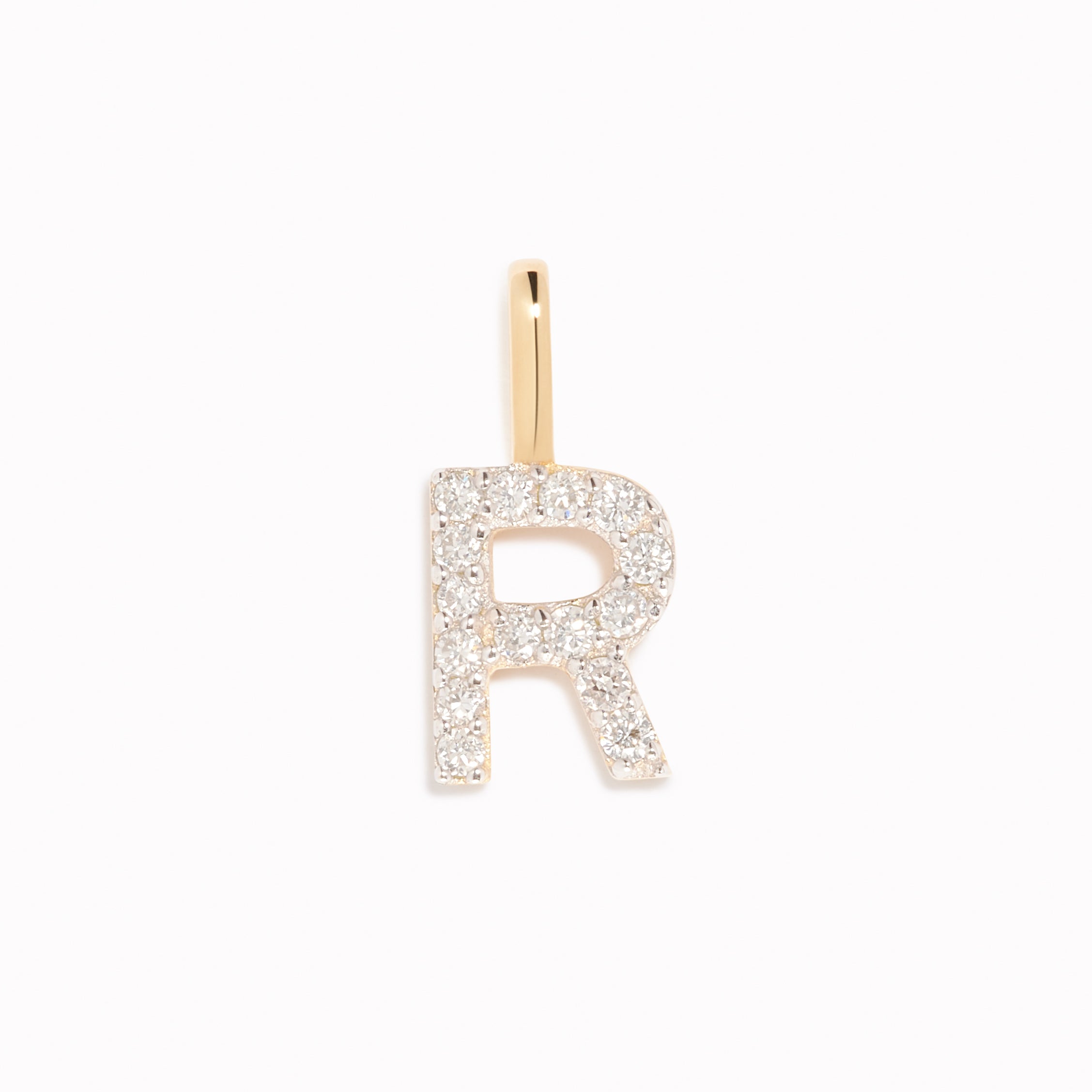 Diamond Initial Pendant 14k Gold - R with brilliant diamonds on a white background displayed vertically